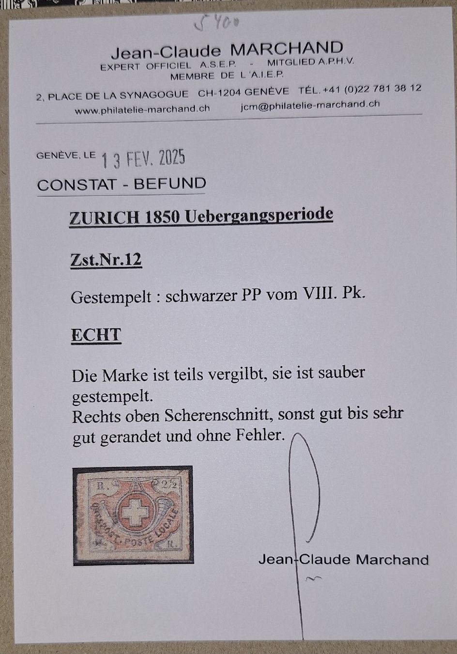 Tutti i francobolli: Nr. 12 Winterthur / Übergangsperiode Kat. 5400.- mit Attest – Usato da Balgach venduto da SIMEON27 2
