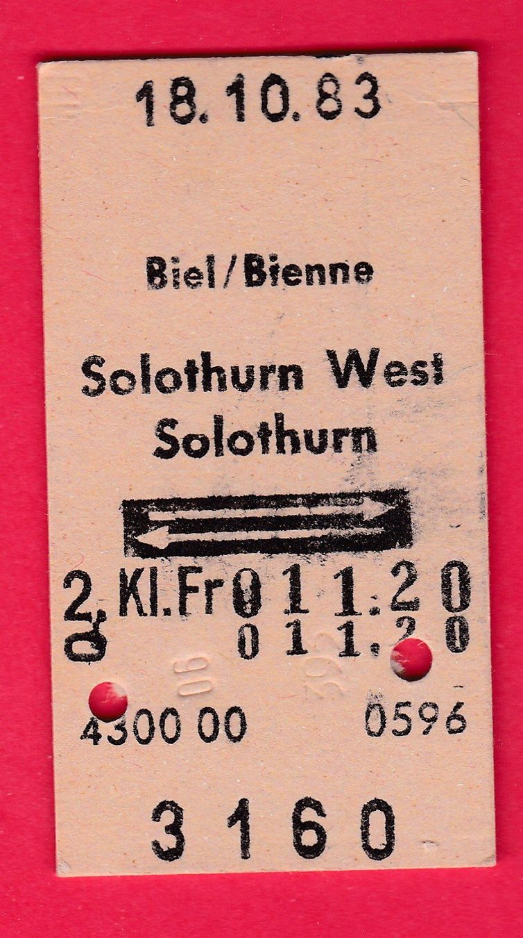 Tickets: KARTON BILLETT, BIEL/BIENNE - SOLOTHURN, 2.KLASSE, RETOUR – Gebraucht aus Oberrieden von Gebirgsstelze