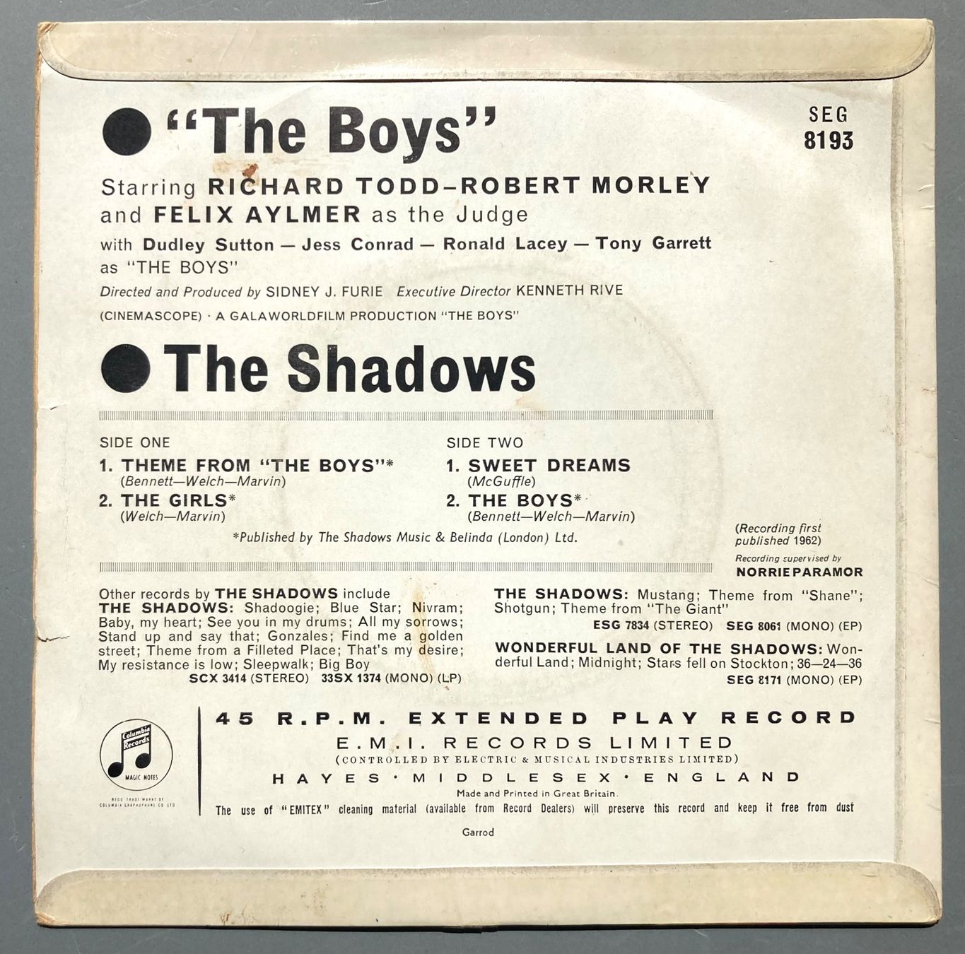 Schallplatten: THE SHADOWS - THEME MUSIC FROM "THE BOYS" – Gebraucht aus Poliez-Pittet von Newtown-Records 1