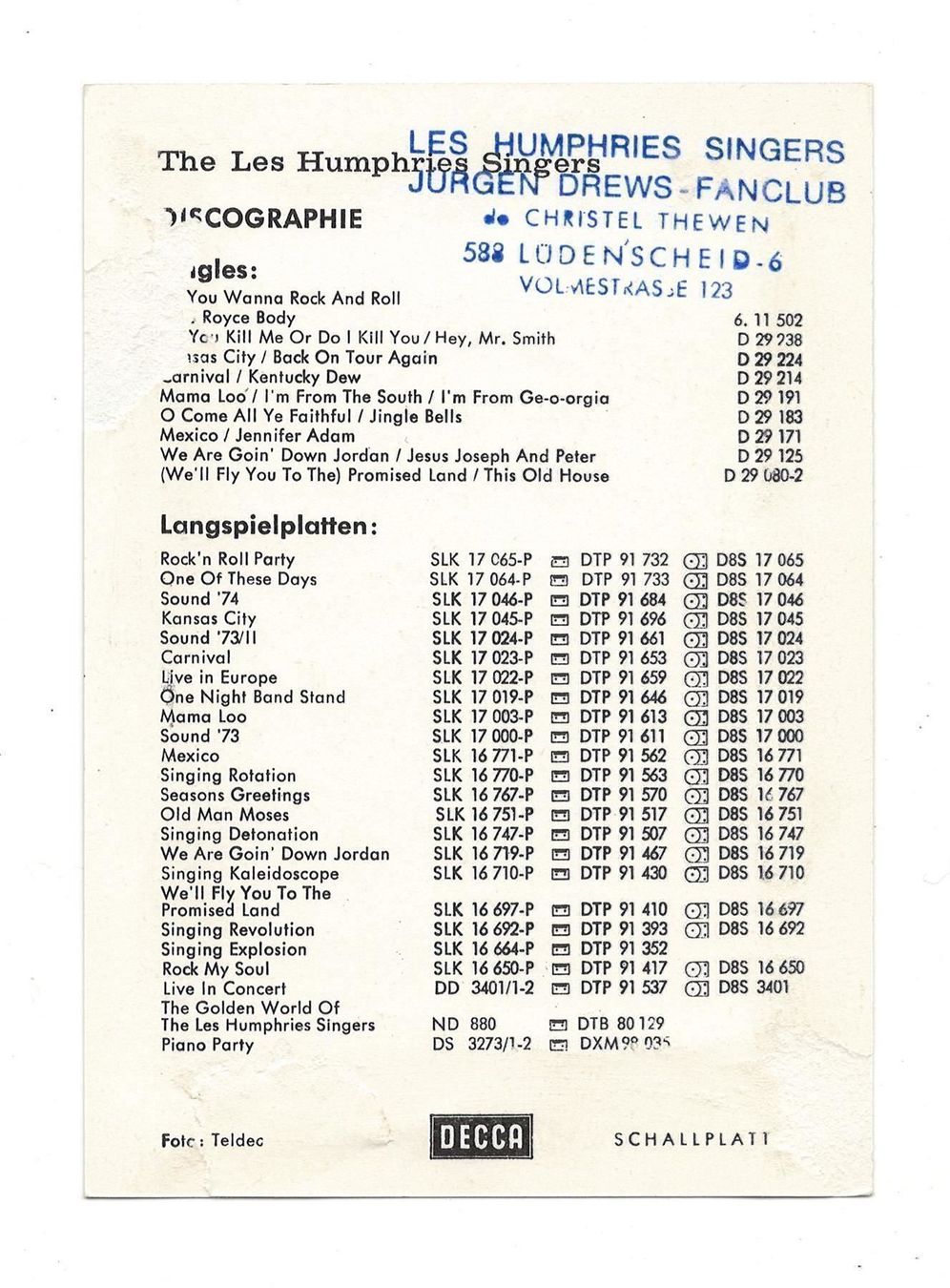 Cartoline postali: THE LES HUMPHRIES SINGERS AUTOGRAMMKARTE – Usato da Basel venduto da verano1000 1