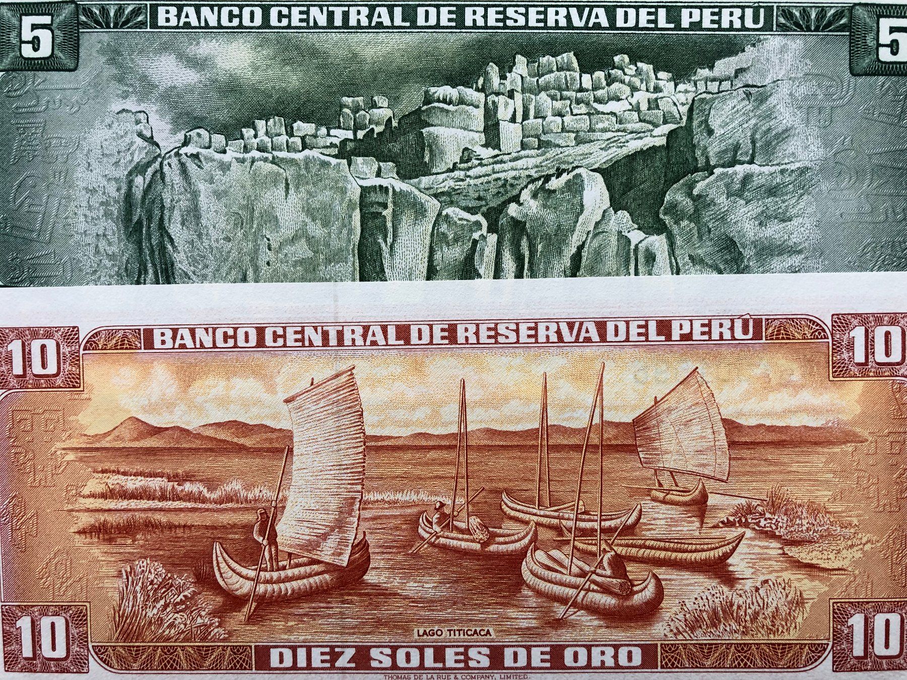 Banconote: Peru 1974/76 - 5 & 10 Soles de Oro UNC – Nuovo e nell'imballaggio originale da Pfäffikon SZ venduto da Sieben77