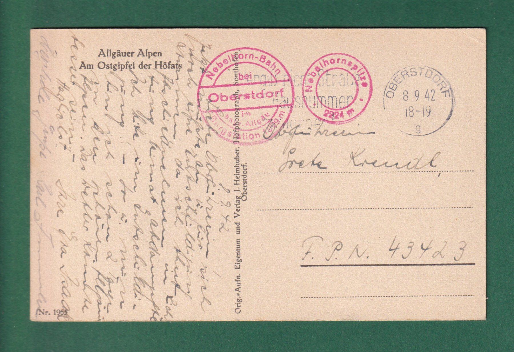Cartoline postali: HÖFATS - Ostgipfel - 1942 – Usato da Pully venduto da nicecards-shop 1