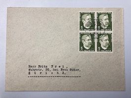 Pro Juventute Briefmarken-Brief 1944, 4er Block auf Kuvert