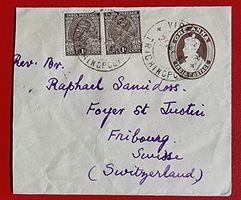 INDIEN TRICHINOPOLY GANZSACHE AUFFRANKIERT FRIBOURG 1937