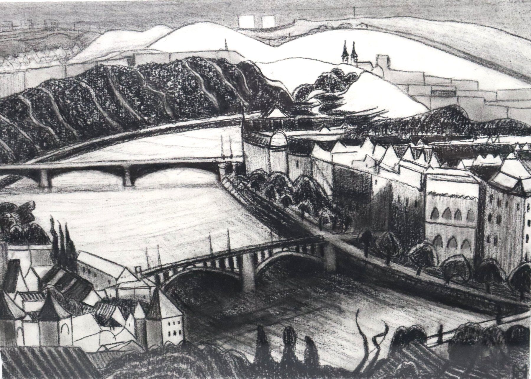 Dipinti: Monika Buchmann-Helbling 1925-2004, Kohlestift/Papier "Prag" – Usato da Zug venduto da Kunst-Fundgrube 1