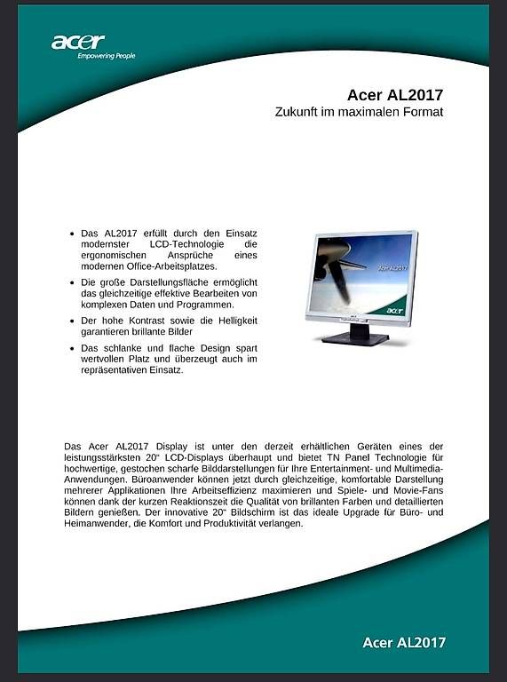 Monitore: Monitor 20" In CD TFT acer AL2017 – Gebraucht aus Goldach von Pp 1