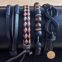 4 Lederarmbänder Herren – Boho Surfer Perlen Schwarz Braun