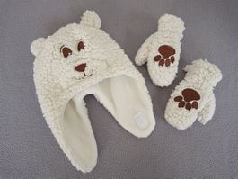 Baby Mütze und Handschuhe von Smile Gr. 44 3-4 Mt Bär
