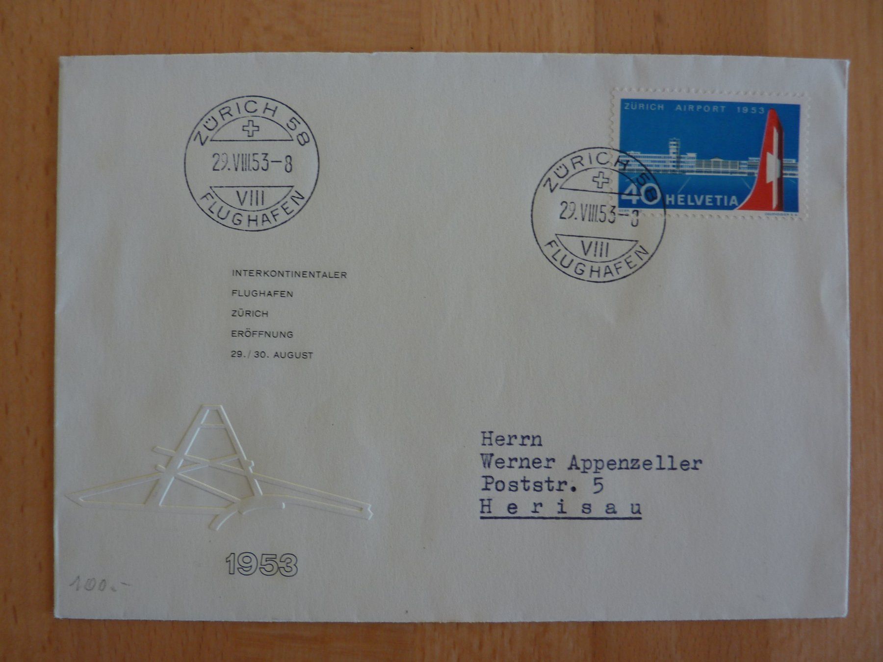 Tutti i francobolli: 1953 FDC Flughafen Kloten,  Fr. 9.-- – Usato da Zürich venduto da Aetna14