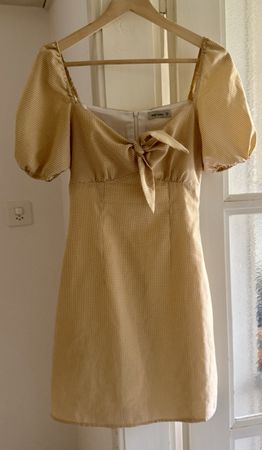 Yellow Gingham Puff Sleeve Tie Front Dress - Size S