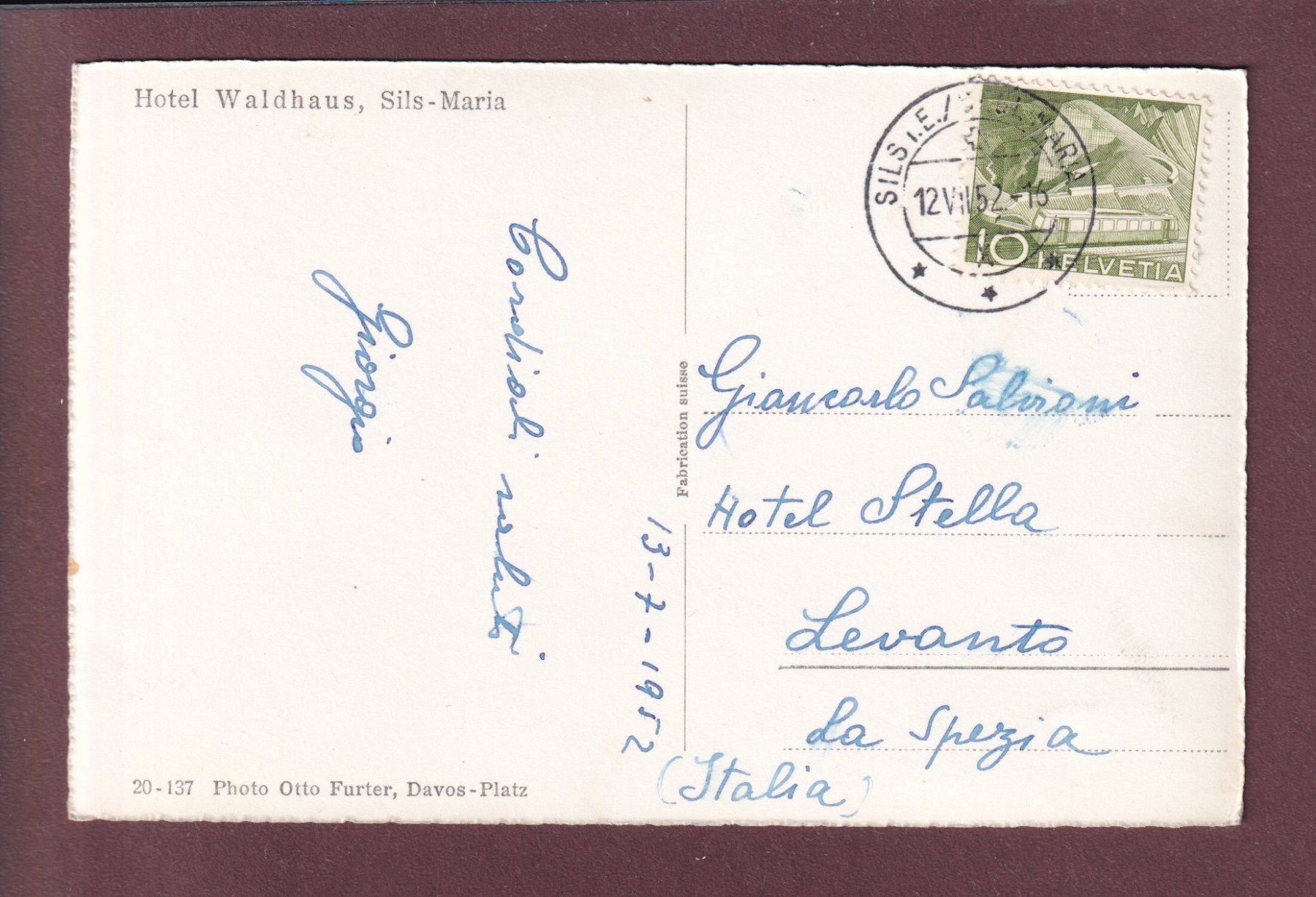 Cartoline postali: SILS-MARIA - Hotel Waldhaus - 1952 – Usato da Pully venduto da nicecards 1
