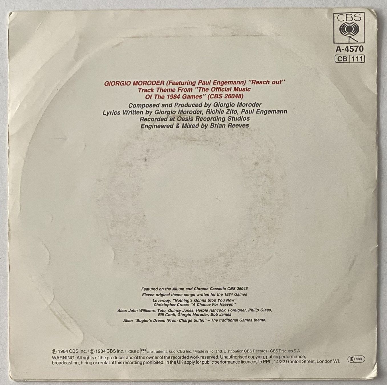 Dischi in vinile: Giorgio Moroder featuring Paul Engemann, Reach Out – Usato da Flums venduto da Aebo1 1