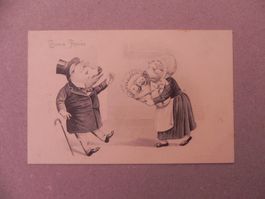 Karte Motiv Humor mit Schwein Sau 1920 Geburt Zwilling