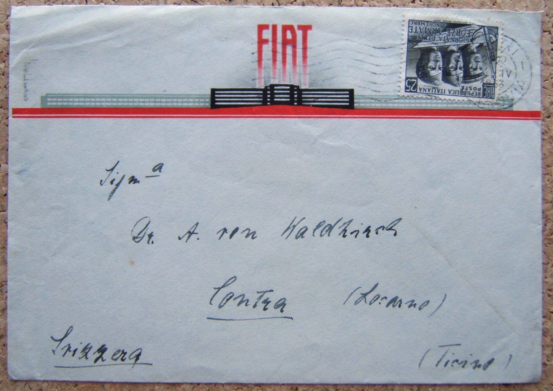 Alle Briefmarken: FIRMENBRIEF MIT FIAT-LOGO 1953 – Gebraucht aus Brunnen von Nonne04