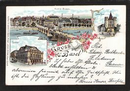 Lithografie Gruss aus Basel , gel. 1898