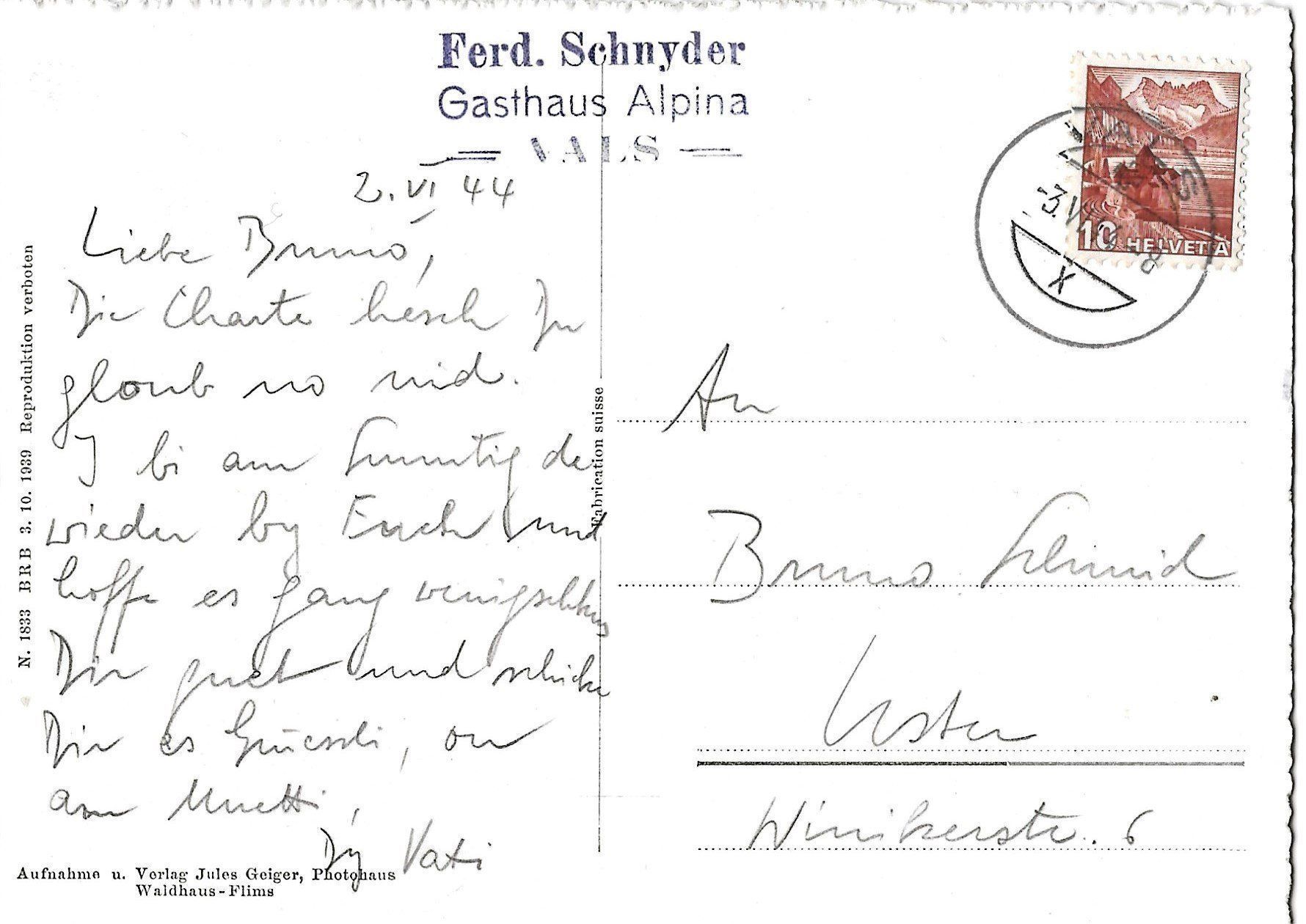 Ansichtskarten: Vals, 1944 – Gebraucht aus Frauenfeld von Merk52 1