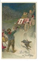 Neujahr - viel Glück - Kinder - Oldtimer Auto - Präge-Litho