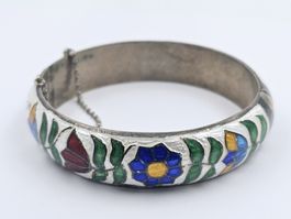 Silberarmreif 925 Emaille Blumen Dekor Herz Vintage Rarität