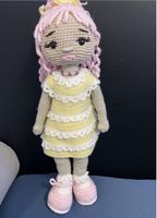 Handgemachte Puppe, gehäkelt, Gelb, Rosa, Sommer-Outfit, 40c