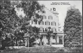 1916 AK Gasthaus Halbinsel AU im Zürichsee + Personal ab 1.-