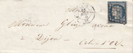 1850 Faltbrief von Paris - Dijon, oben angeschnitten