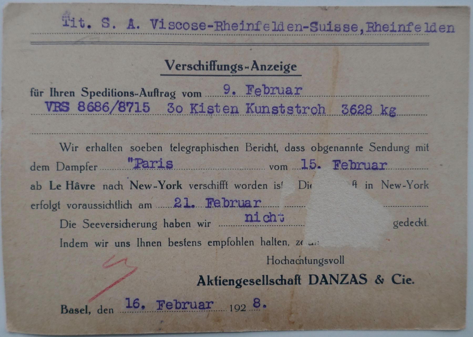 Dokumente: Geschäftskorrespondenz Verschiffungsanzeige 1928 Danzas – Gebraucht aus Möhlin von PHILABARTIS 1