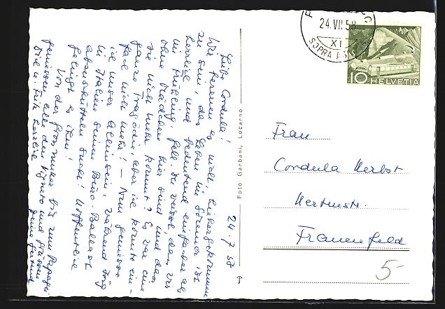 Cartoline postali: AK Ronco s. Ascona, Panorama, 1958 – Usato da Berlin venduto da bartko-reher 1