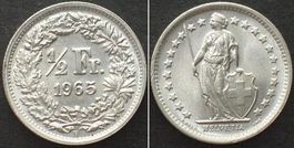Schweiz 1/2 Franken 1965 Silber prägefrisch, ERHALTUNG! unz
