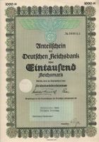 DR 1000 RM Anteilschein Deutsche Reichsbank 1939 + Coupons