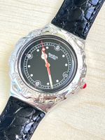 Swatch Uhr, elegant, Sommer-Accessoire, schwarzes Lederband