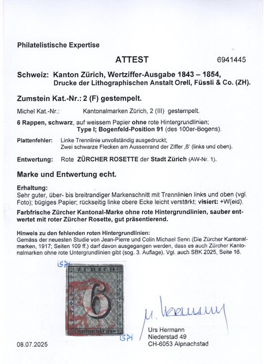 Tutti i francobolli: Rarität, Zürich 6 Nr. 2F (sog. 3. Auflage) RAR! – Usato da Uesslingen venduto da Realworldassets 1