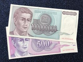 ***UNC 500 & 100000000 Dinara - Inflation - Belgrad 1992/93