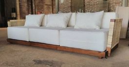 Lounge Sofa Couch Polstermöbel Teakholz mit Natur Rattan