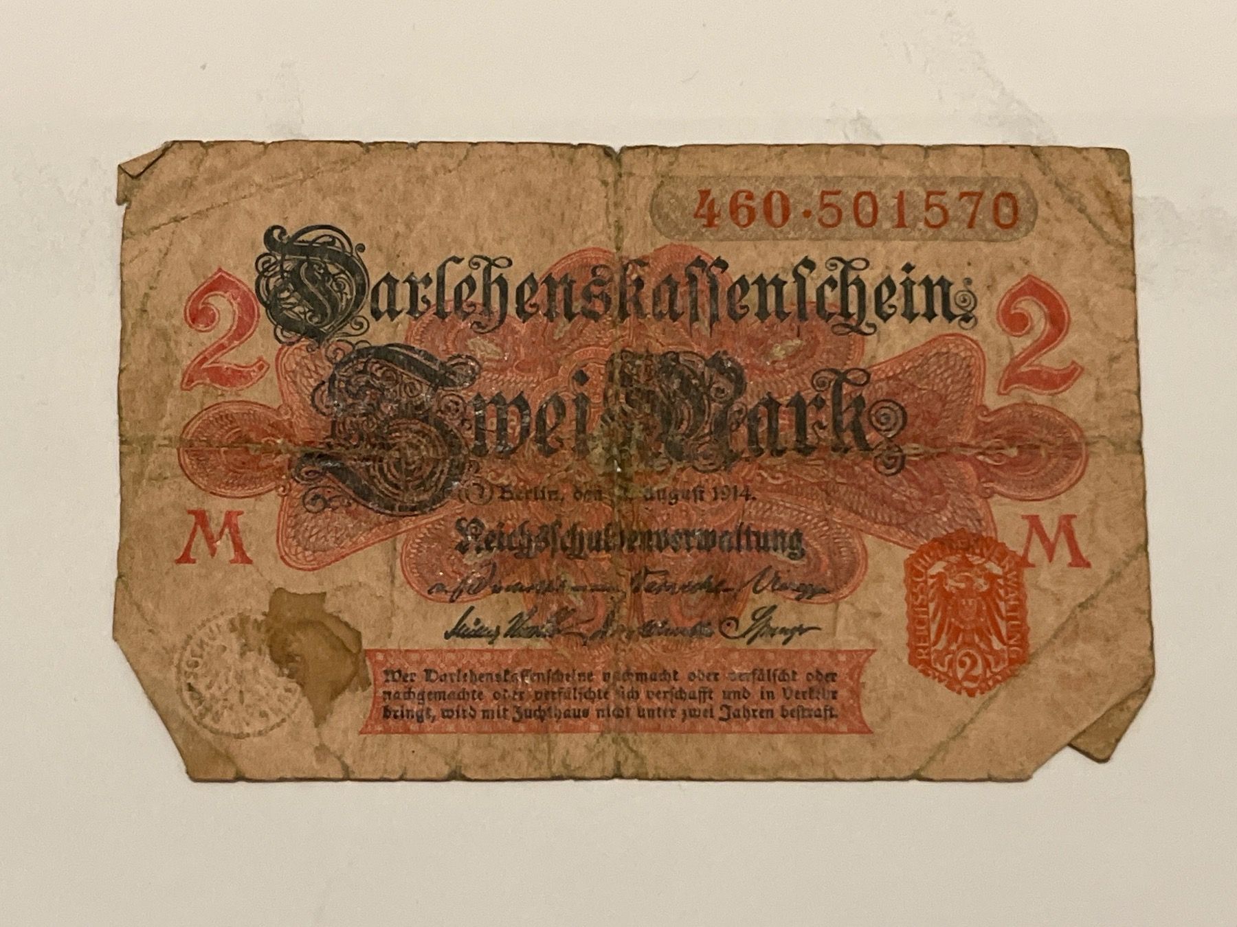 Banconote: Darlehnskassenschein August 1914 2 Mark – Usato da Hergiswil NW venduto da SLDM