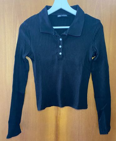 Zara Damen Langarmshirt Polo Kragen Schwarz, Grösse S