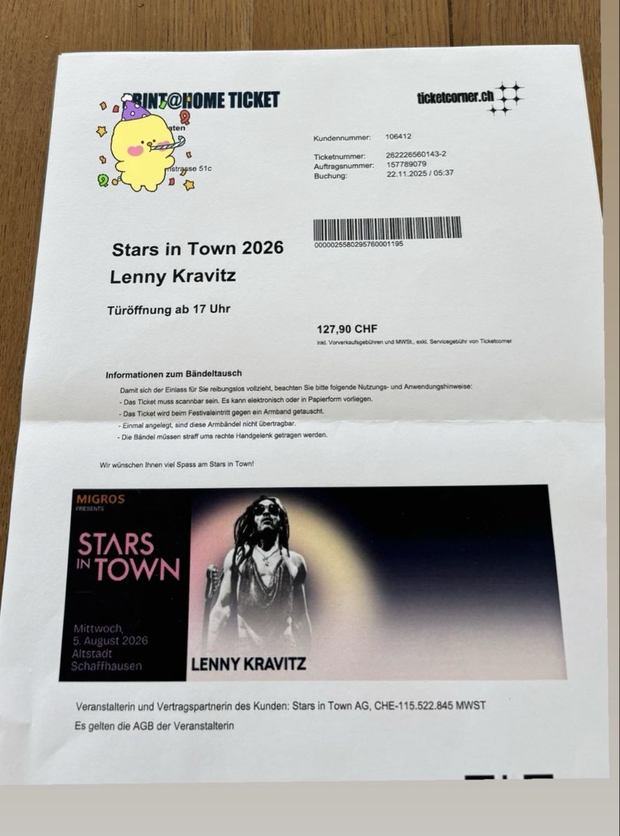 Biglietti: Lenny Kravitz 3Tickets – Nuovo e nell'imballaggio originale da Horw venduto da pilatusgrille