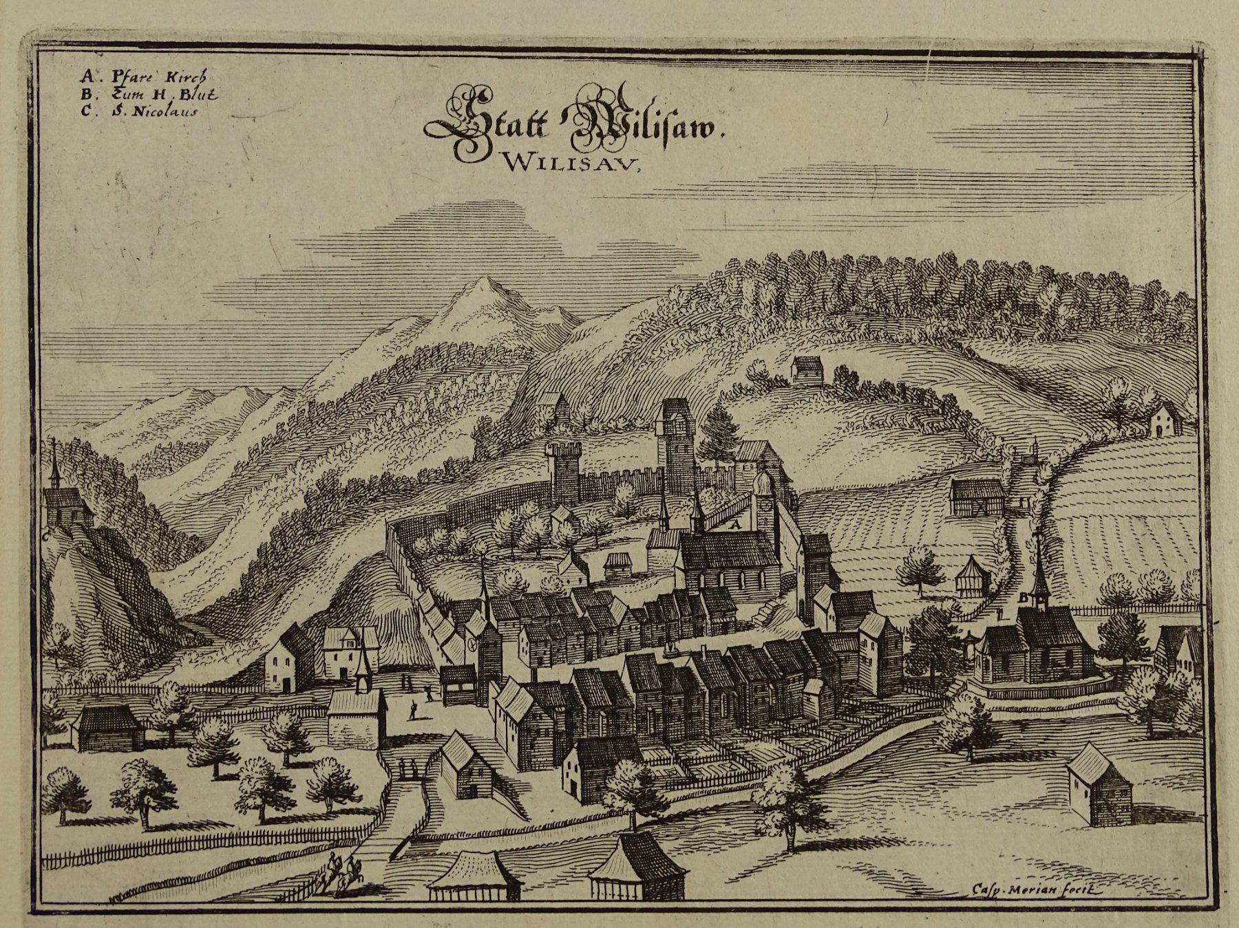 Incisioni: WILLISAU, KUPFERSTICH, MERIAN 1654 – Usato da Grüningen venduto da Kartensammler 1