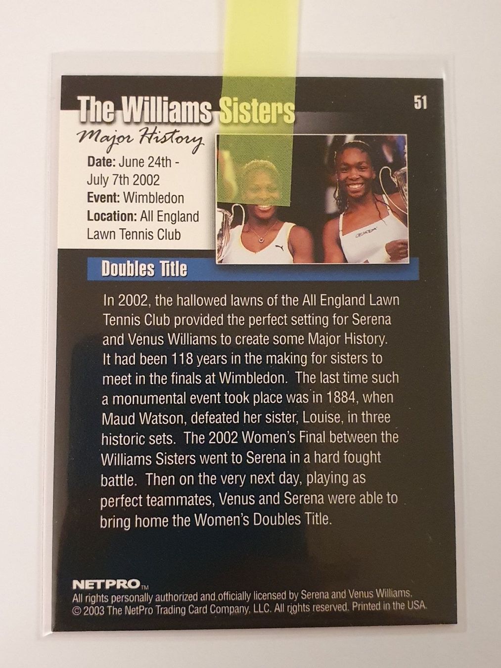 Carte collezionabili: Serena Venus Williams Rookie 2003 Netpro – Usato da Oberdorf BL venduto da BaldenEagle 3