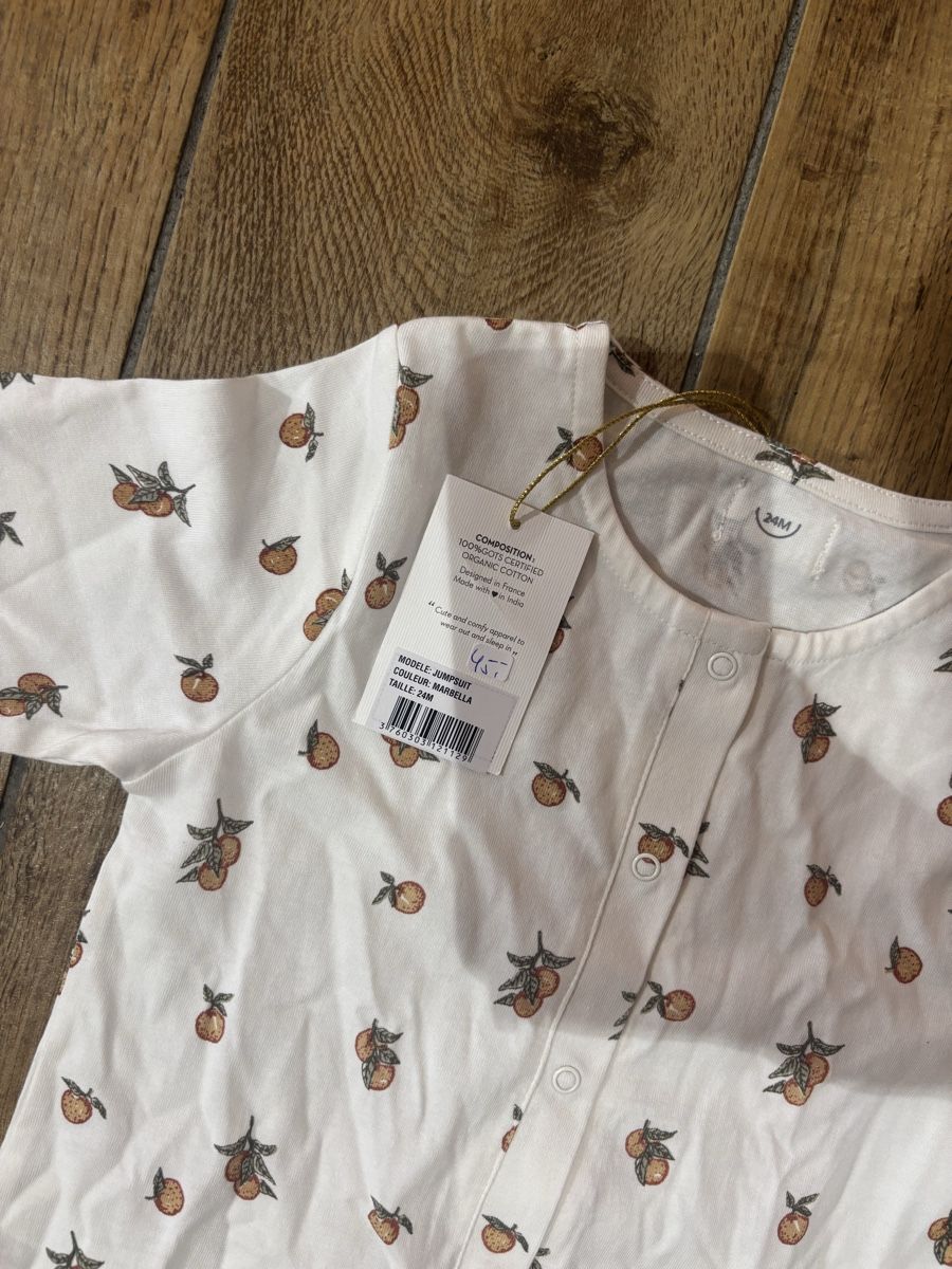 Pagliaccetti: Strampler Kinder weiss Orange Muster Grösse 24M neu – Nuovo e nell'imballaggio originale da Cham venduto da Giulia1009 1