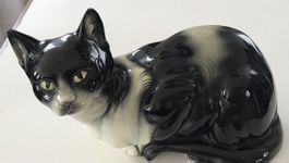Chat en céramique noir et blanc vintage, objet de décoration