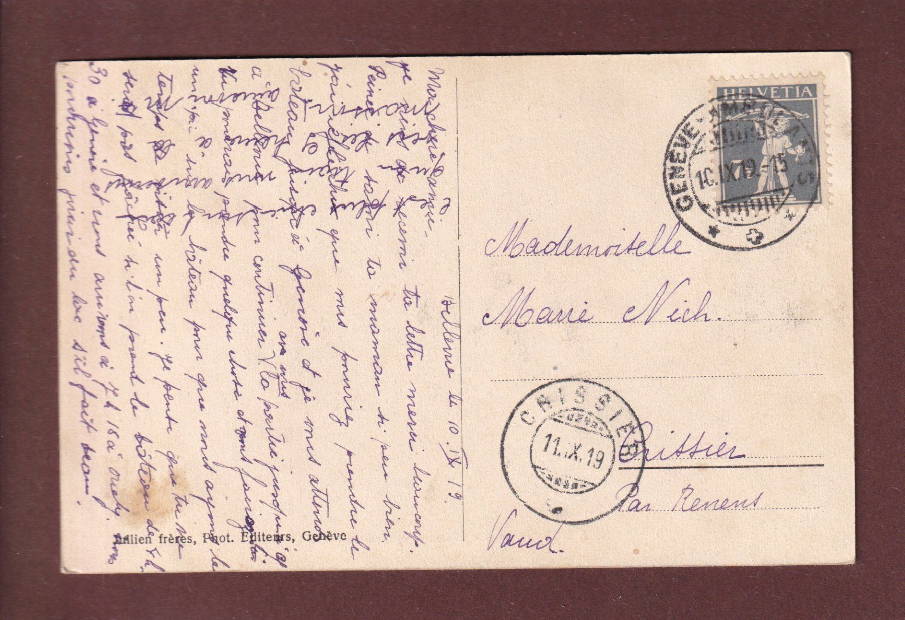 Cartoline postali: GENEVE - Beau-Rivage - Attelage - 1919 – Usato da Pully venduto da nicecards 1