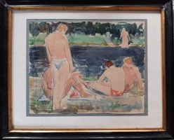Gemälde 1914 Badende am Rhein rückseitig mit Schreiben
