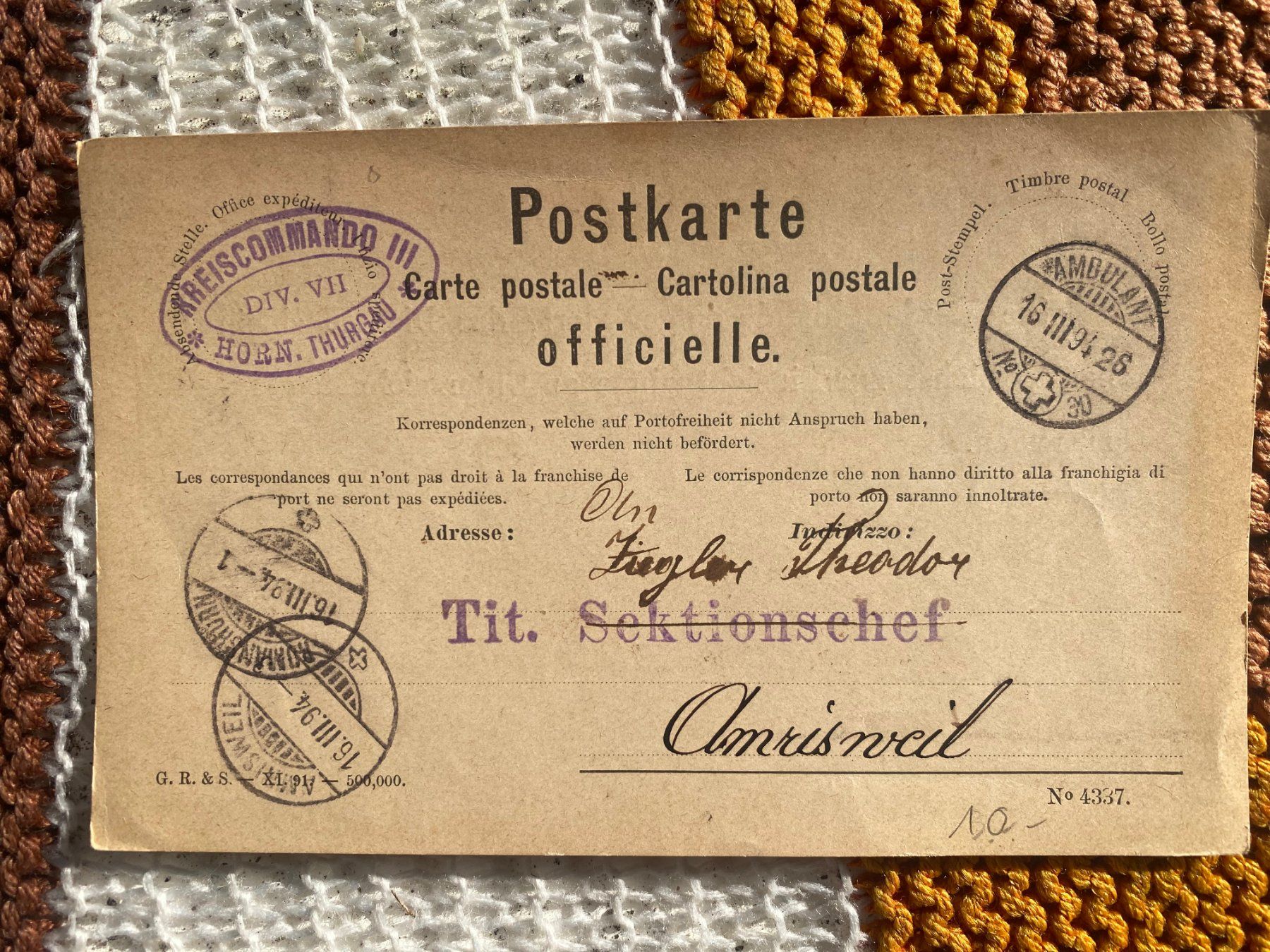 Cartoline postali: 1894 PK Militär 4 – Usato da Langendorf venduto da Antik-Samariter