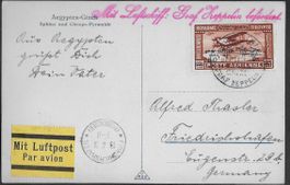 1929 AK mit ZEPPELIN Flug AEGYPTEN - Friedrichshafen ab 1.-