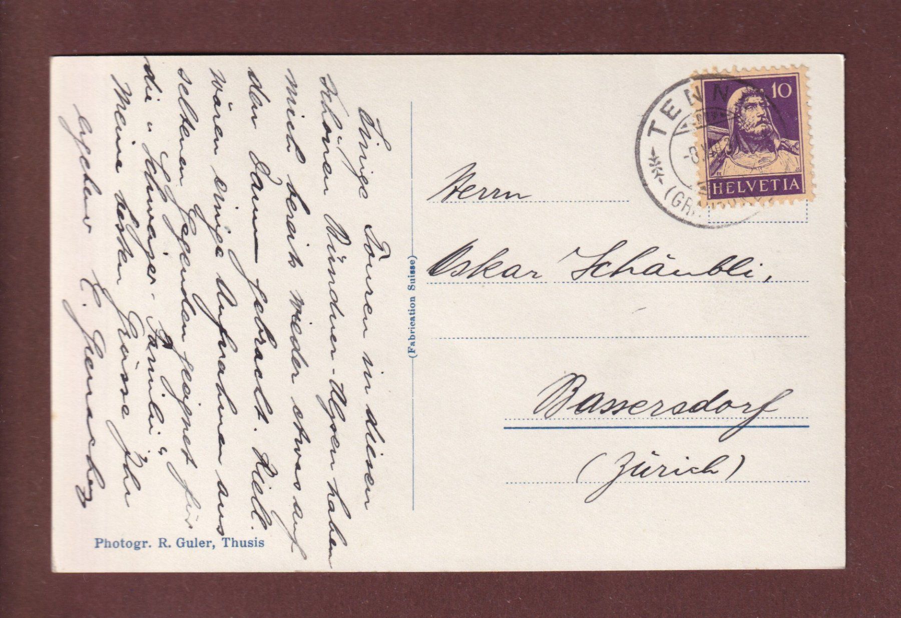 Cartoline postali: TENNA - Kirche - Piz Beverin - 1931 – Usato da Pully venduto da nicecards 1