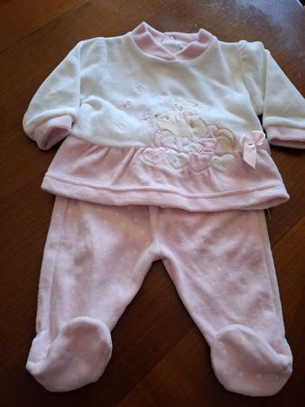 Tuta neonata 1/ 3 mesi in ciniglia rosa e bianca con orsetto