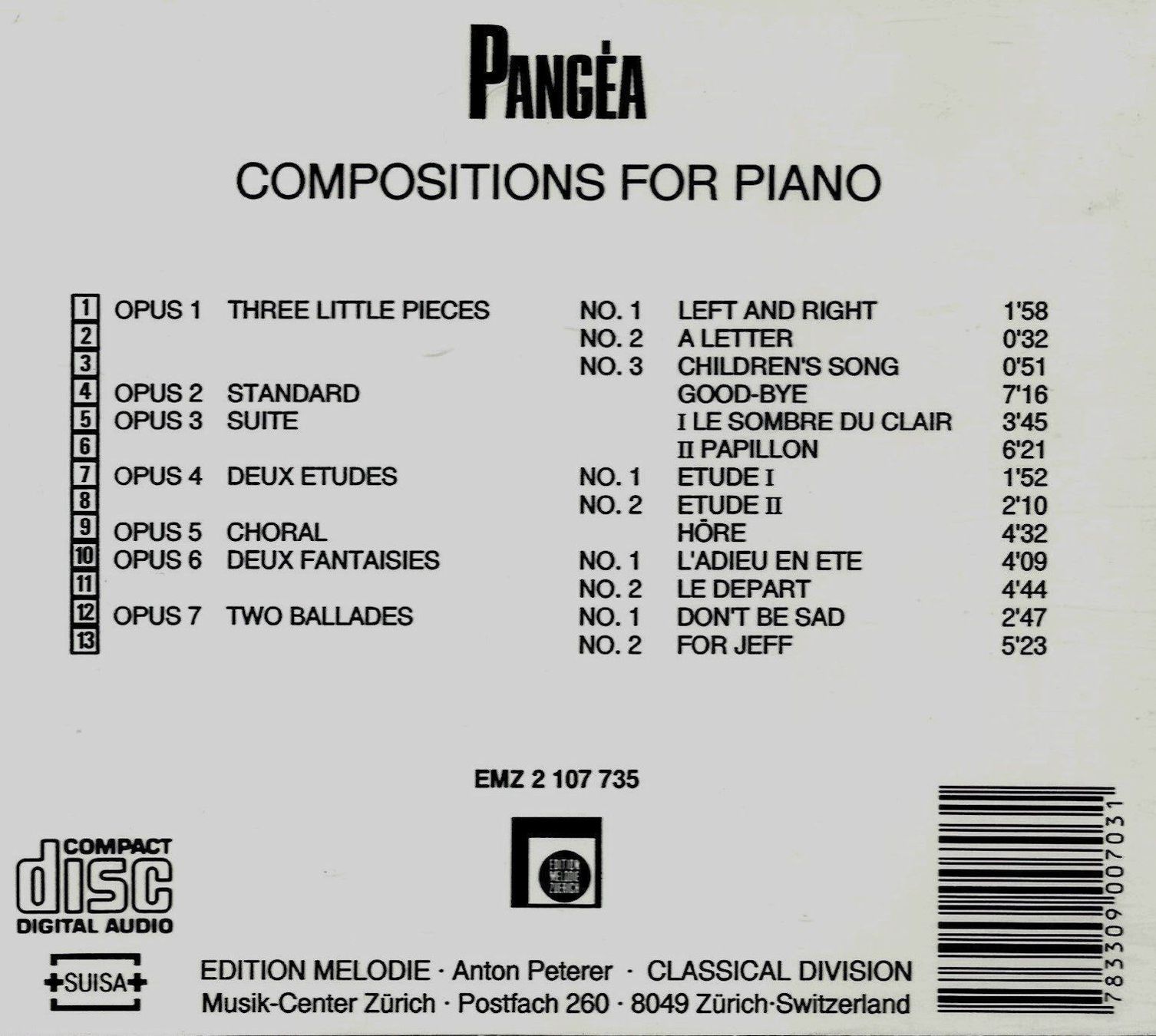CD: Pangéa COMPOSITIONS FOR PIANO Swiss Klassik CD – Usato da Kandergrund venduto da Sososo 1