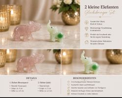 2 Elefanten Glücksbringer Set Rosenquarz & Jade Handgemacht 