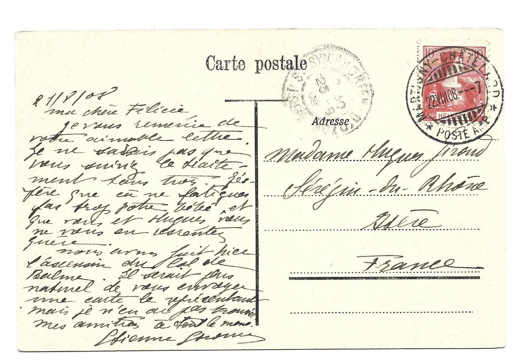 Cartoline postali: Postka 22.VIII.08 / / mit Ma Nr. 104 / Martigny - Châtelard – Usato da Gordola venduto da tist