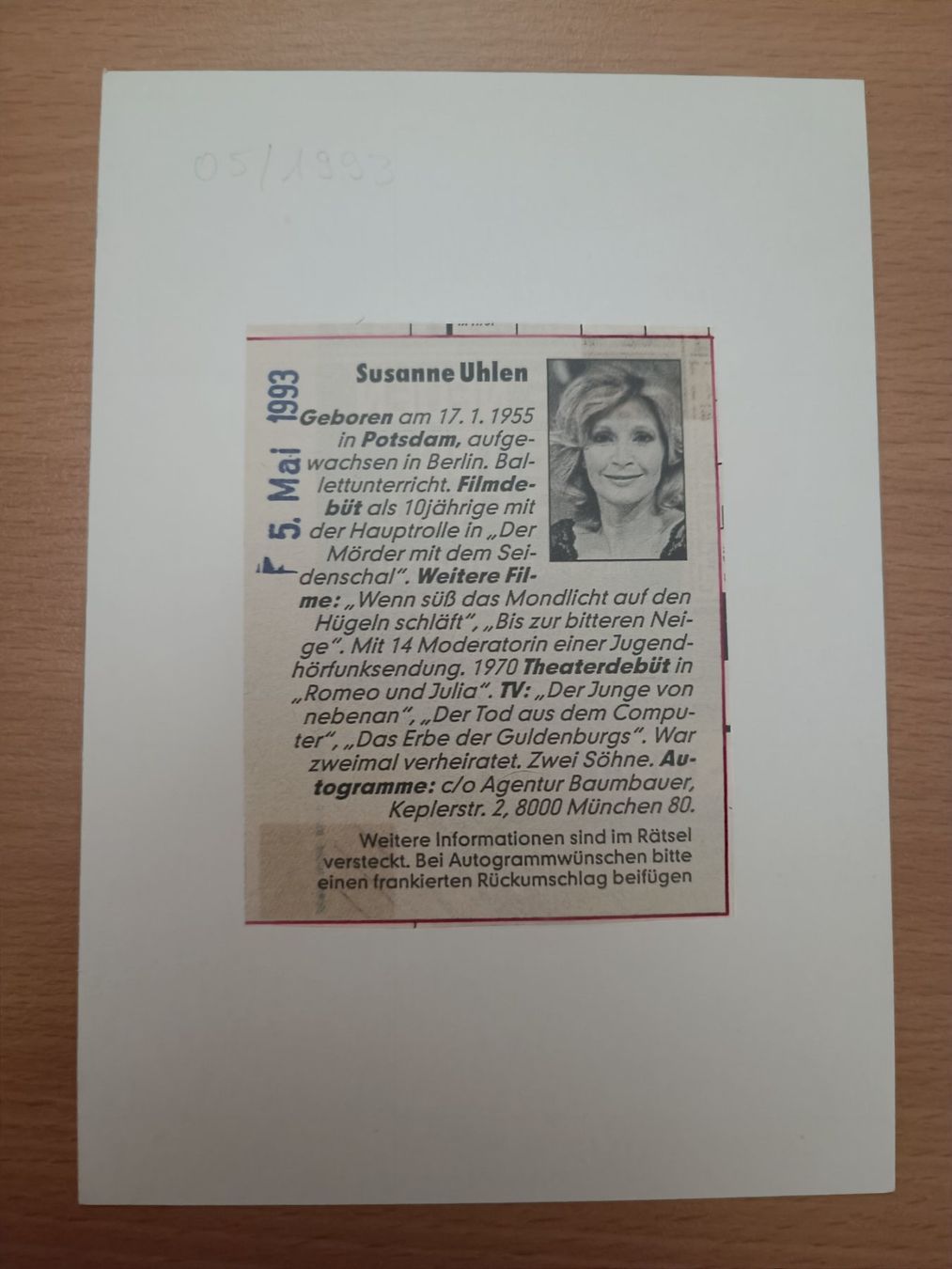 Autografi: Susanne Uhlen - handsignierte Autogrammkarte – Usato da Menziken venduto da Artographs 1